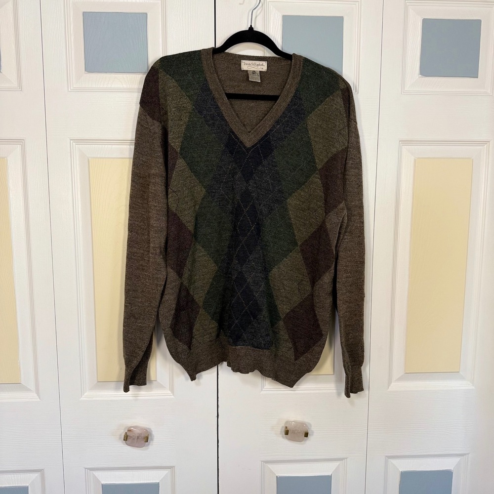 Tricots St Raphael Mens XL Argyle V-Neck Sweater Brown Merino Wool Uruguay